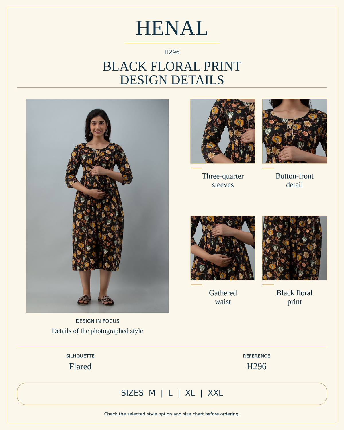 HENAL H296 product infographic showing the unchanged original garment, verified visible design and sizes M, L, XL, XXL. Select the exact available garment option on the listing.