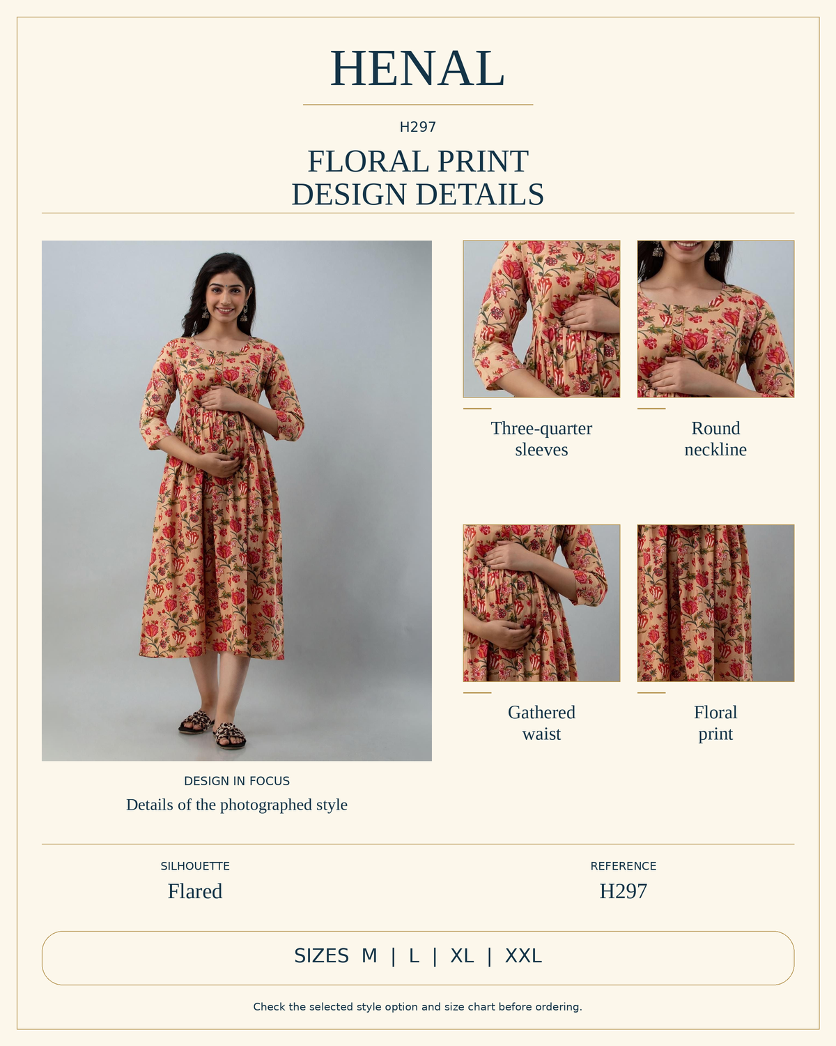 HENAL H297 infographic showing the original garment's visible design details and listed size options. Select the exact garment option on the product page.