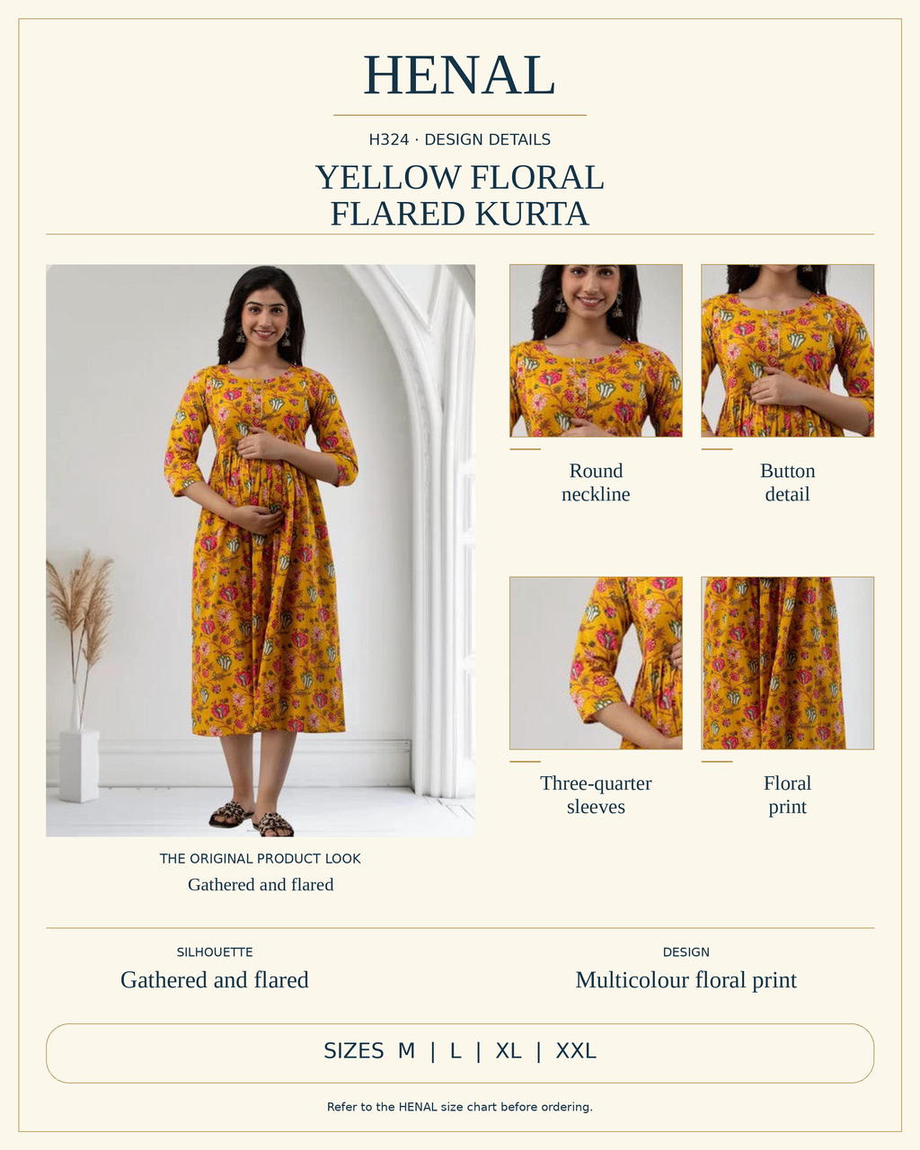 HENAL H324 reviewed product infographic using unchanged original product photographs and verified details, with size options M, L, XL, XXL.