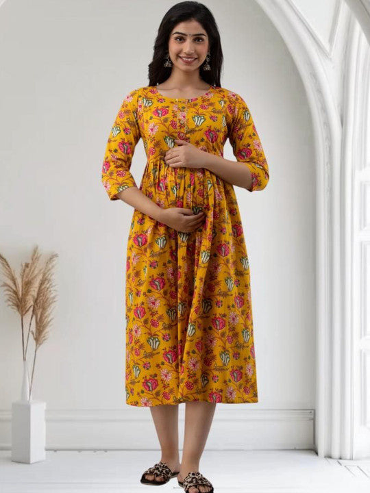H324 Yellow floral maternity dress — Myntra style 38625127