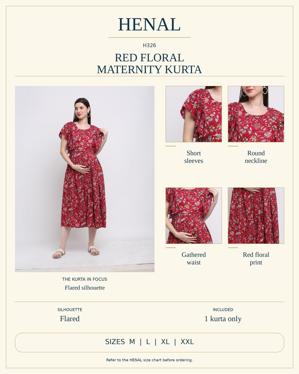 HENAL H326 product infographic showing Short sleeves, Round neckline, Gathered waist, Red floral print. Silhouette: Flared. Includes 1 kurta only. Size options: M, L, XL, XXL.