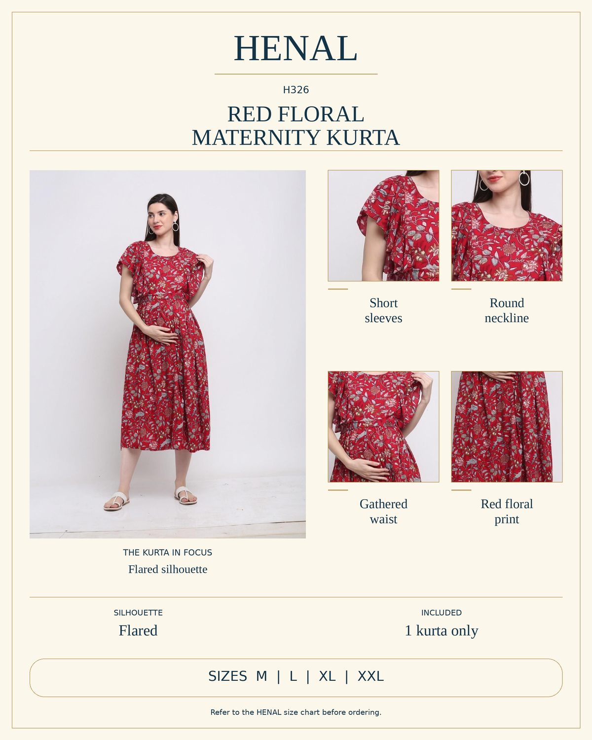 HENAL H326 product infographic showing Short sleeves, Round neckline, Gathered waist, Red floral print. Silhouette: Flared. Includes 1 kurta only. Size options: M, L, XL, XXL.