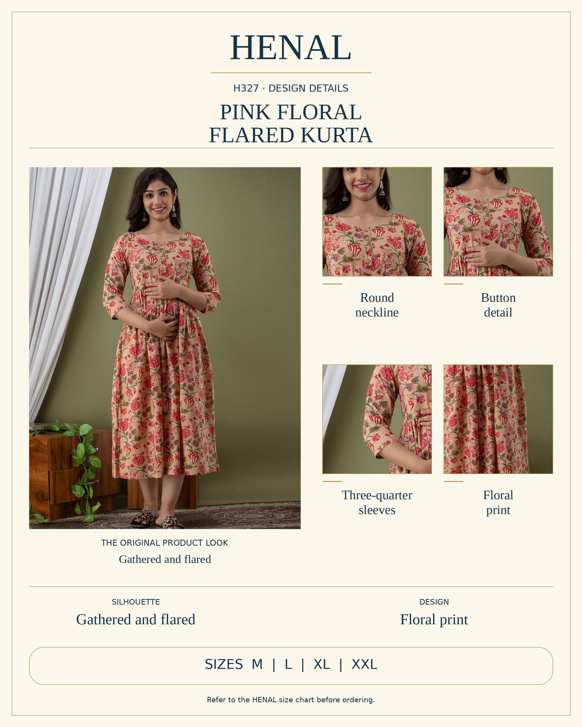 HENAL H327 reviewed product infographic using unchanged original product photographs and verified details, with size options M, L, XL, XXL.