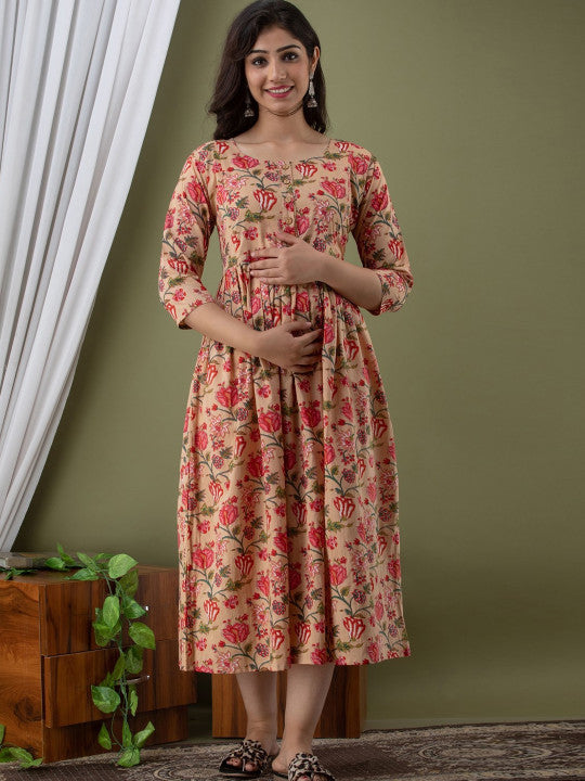 H327 Pink floral maternity dress — Myntra style 25302258