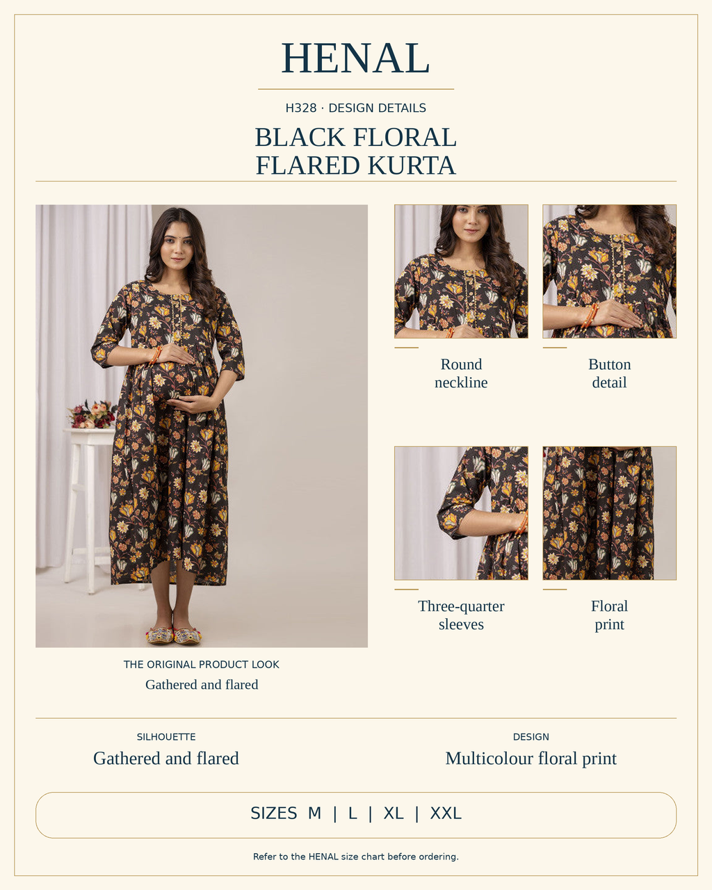 HENAL H328 reviewed product infographic using unchanged original product photographs and verified details, with size options M, L, XL, XXL.