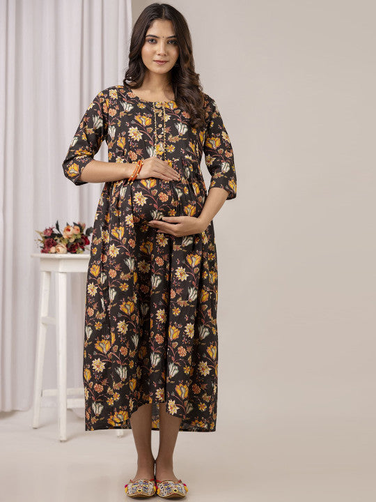 H328 Black floral maternity dress — Myntra style 30214877