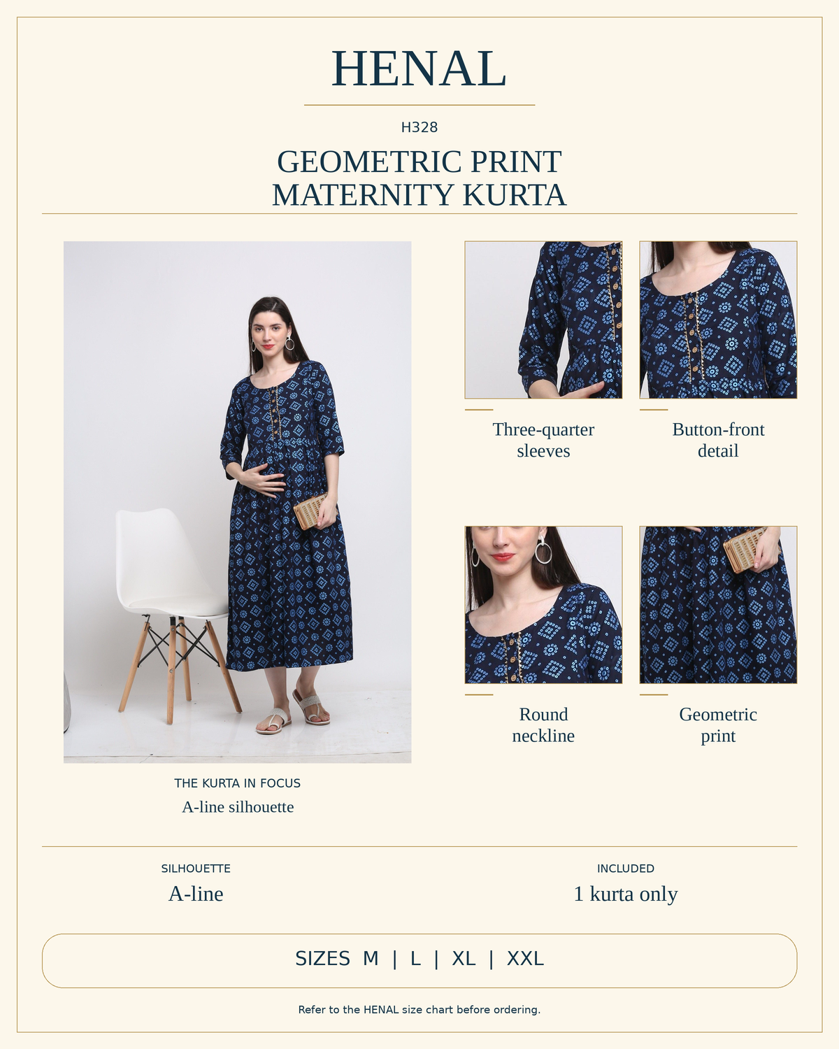 HENAL H328 product infographic showing Three-quarter sleeves, Button-front detail, Round neckline, Geometric print. Silhouette: A-line. Includes 1 kurta only. Size options: M, L, XL, XXL.