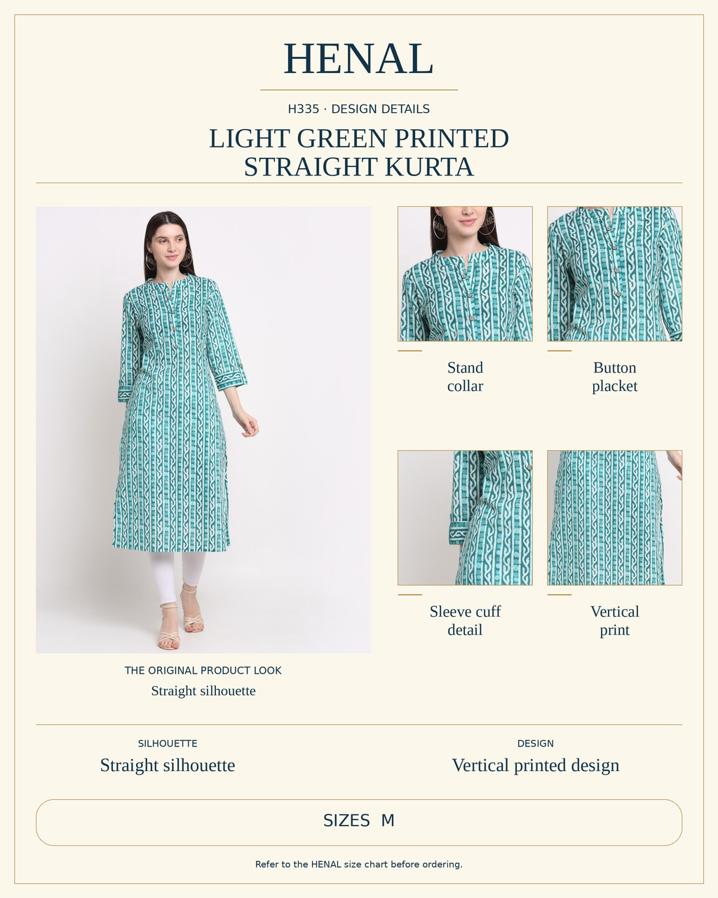 HENAL H335 product infographic using unchanged original photographs, visible garment details and the current size options M.