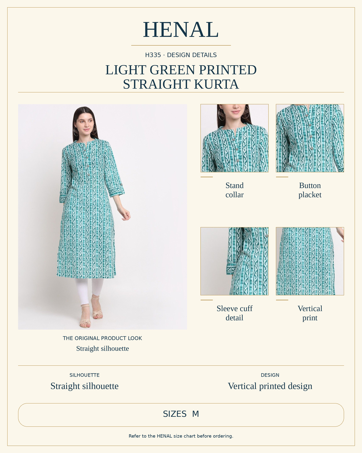 HENAL H335 product infographic using unchanged original photographs, visible garment details and the current size options M.