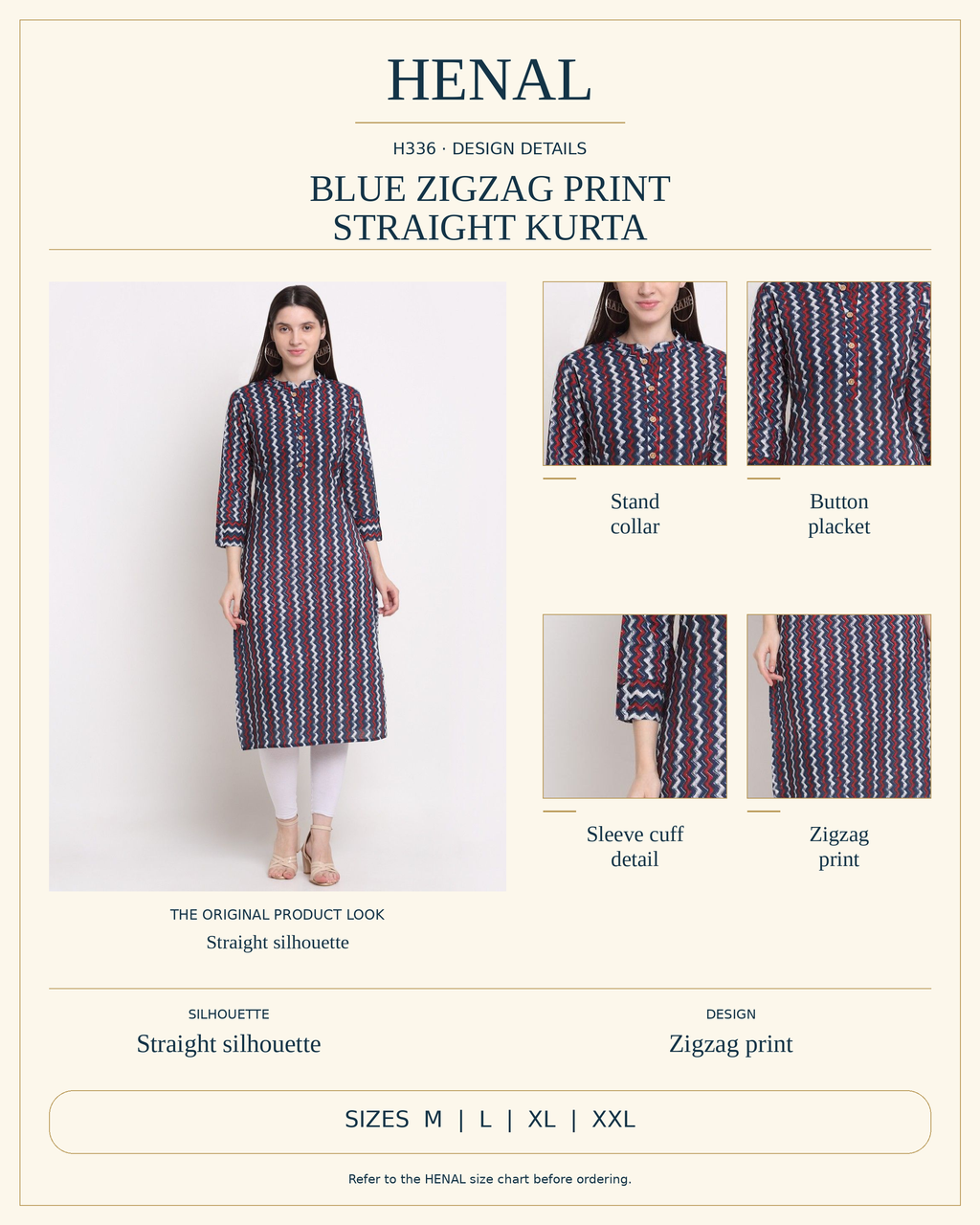 HENAL H336 reviewed product infographic using unchanged original product photographs and verified details, with size options M, L, XL, XXL.