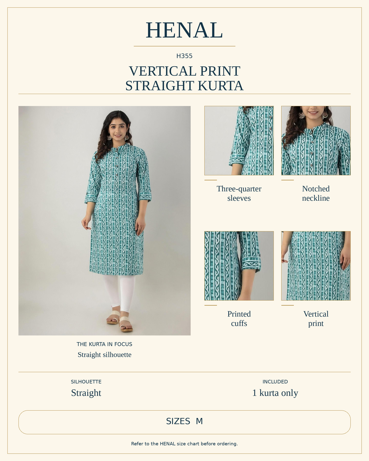 HENAL H355 product infographic showing Three-quarter sleeves, Notched neckline, Printed cuffs, Vertical print. Silhouette: Straight. Includes 1 kurta only. Size options: M.