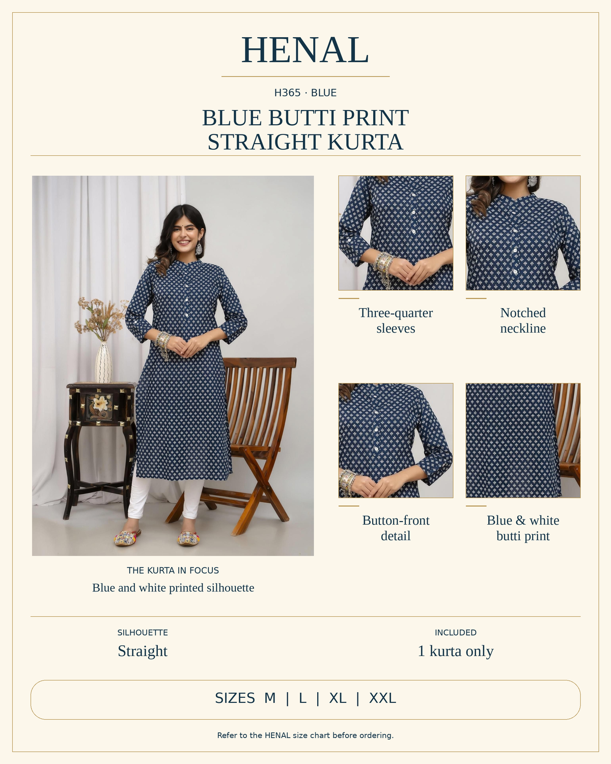 HENAL H365 product infographic showing Three-quarter sleeves, Notched neckline, Button-front detail, Blue & white butti print. Silhouette: Straight. Includes 1 kurta only. Size options: M, L, XL, XXL.