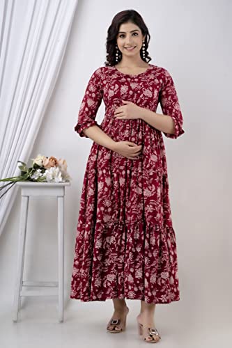 HENAL H370 maroon floral garment, front view showing gathered waist.