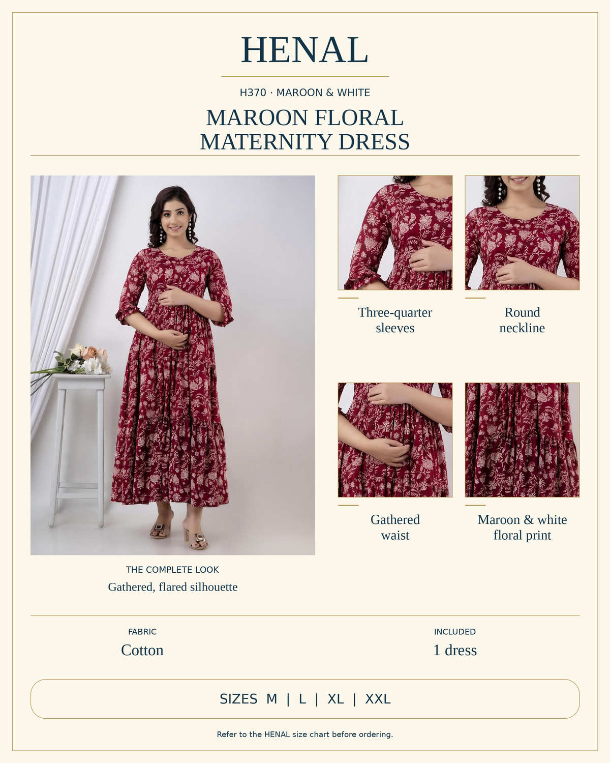 HENAL H370 maroon floral maternity dress detail guide using unchanged original photographs: three-quarter sleeves, round neckline, gathered waist, cotton, one dress; sizes M, L, XL and XXL.