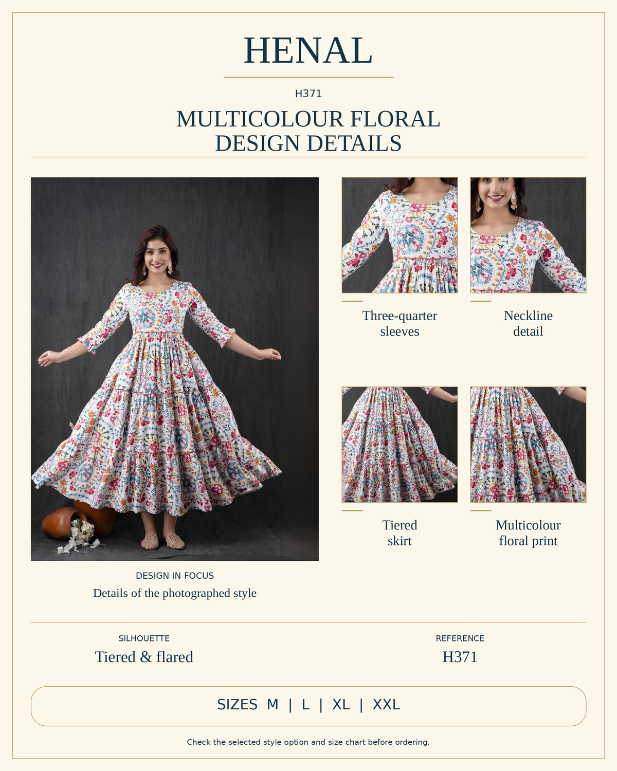 HENAL H371 infographic showing the original garment's visible design details and listed size options. Select the exact garment option on the product page.