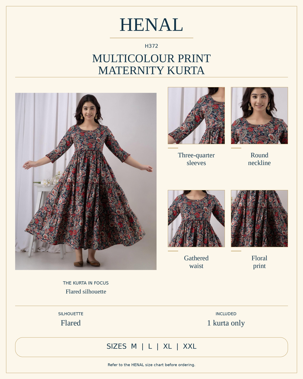 HENAL H372 product infographic showing Three-quarter sleeves, Round neckline, Gathered waist, Floral print. Silhouette: Flared. Includes 1 kurta only. Size options: M, L, XL, XXL.