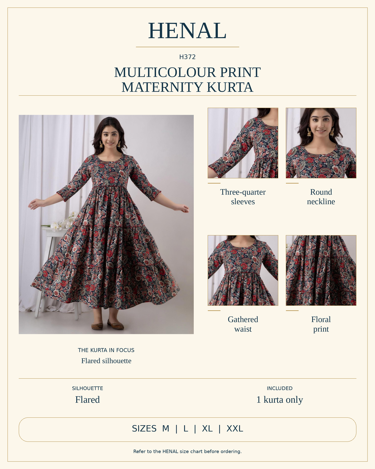 HENAL H372 product infographic showing Three-quarter sleeves, Round neckline, Gathered waist, Floral print. Silhouette: Flared. Includes 1 kurta only. Size options: M, L, XL, XXL.
