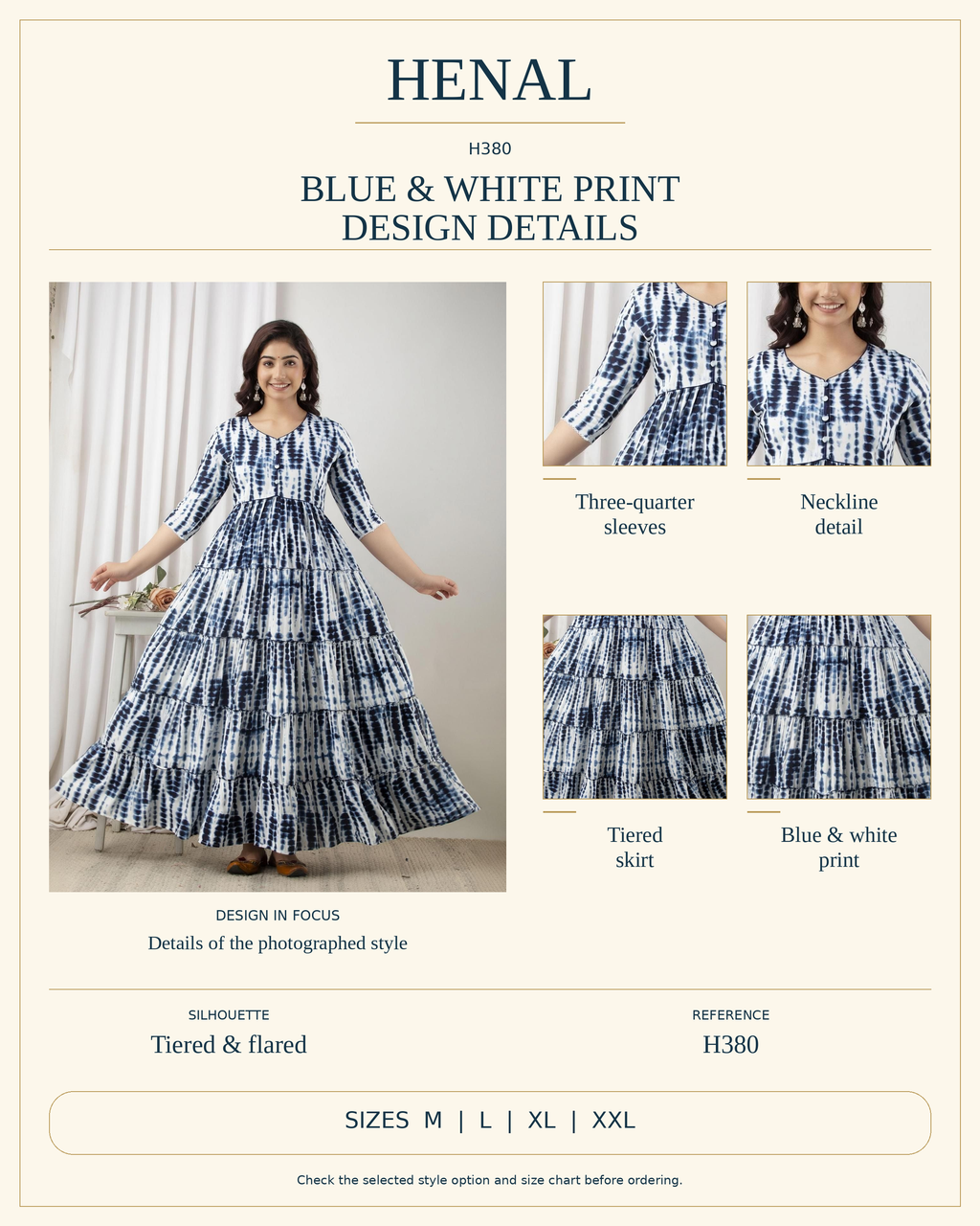 HENAL H380 infographic showing the original garment's visible design details and listed size options. Select the exact garment option on the product page.