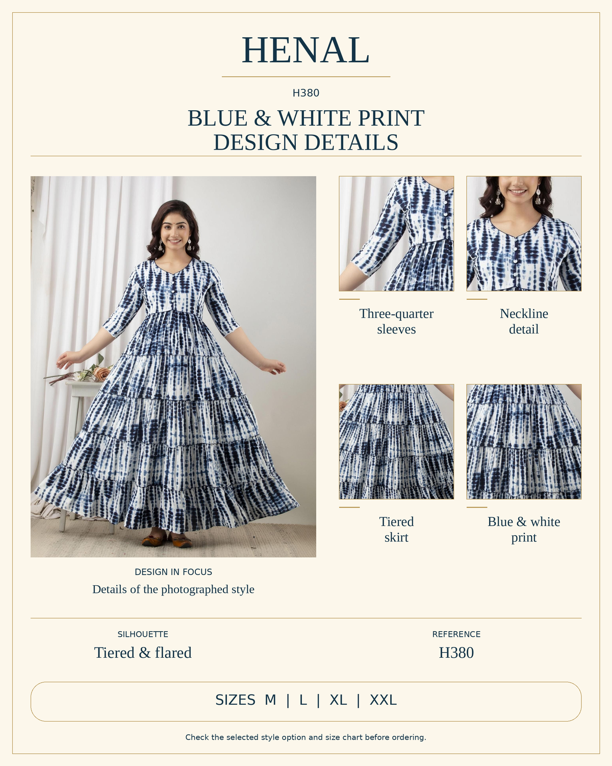 HENAL H380 infographic showing the original garment's visible design details and listed size options. Select the exact garment option on the product page.