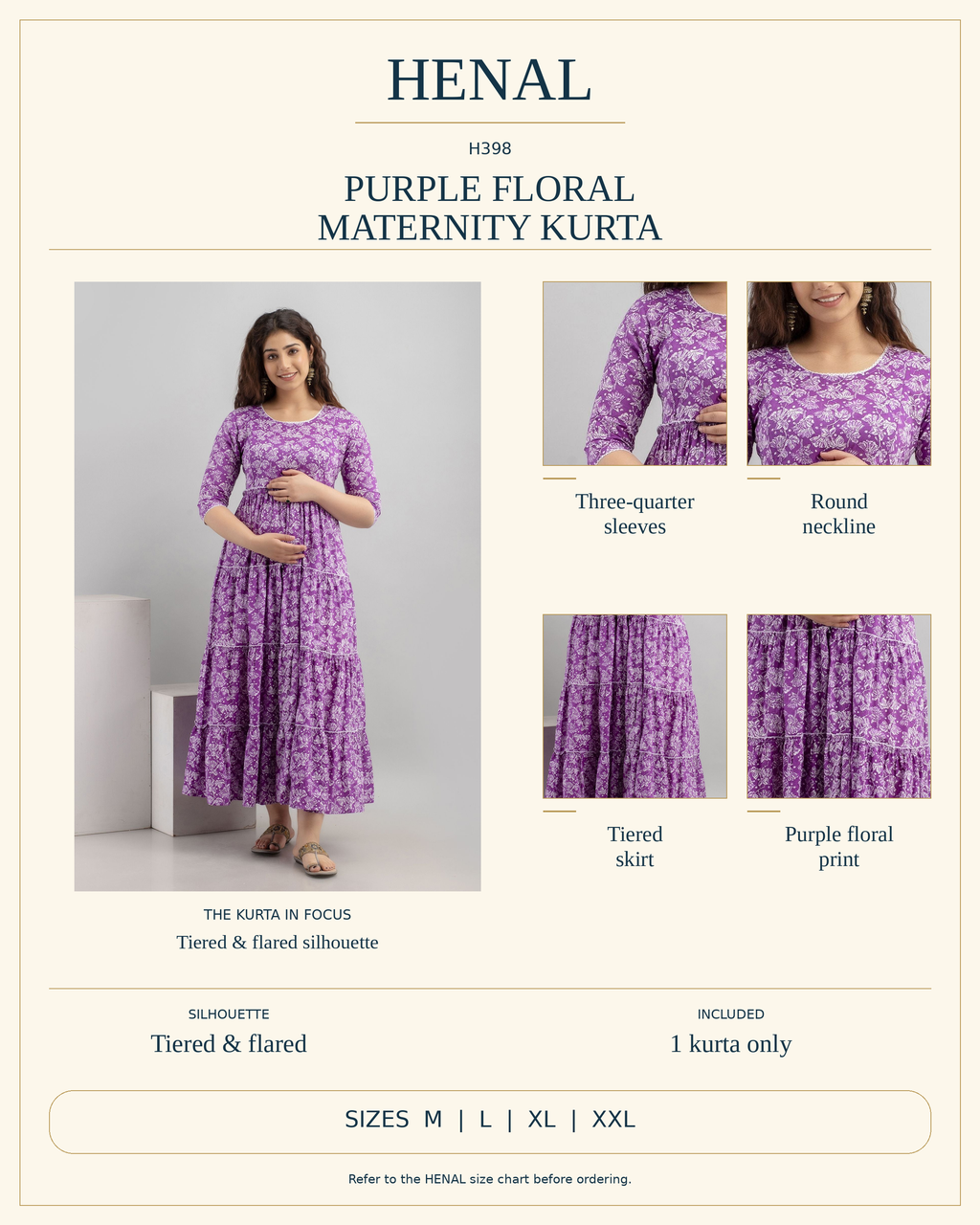 HENAL H398 product infographic showing Three-quarter sleeves, Round neckline, Tiered skirt, Purple floral print. Silhouette: Tiered & flared. Includes 1 kurta only. Size options: M, L, XL, XXL.