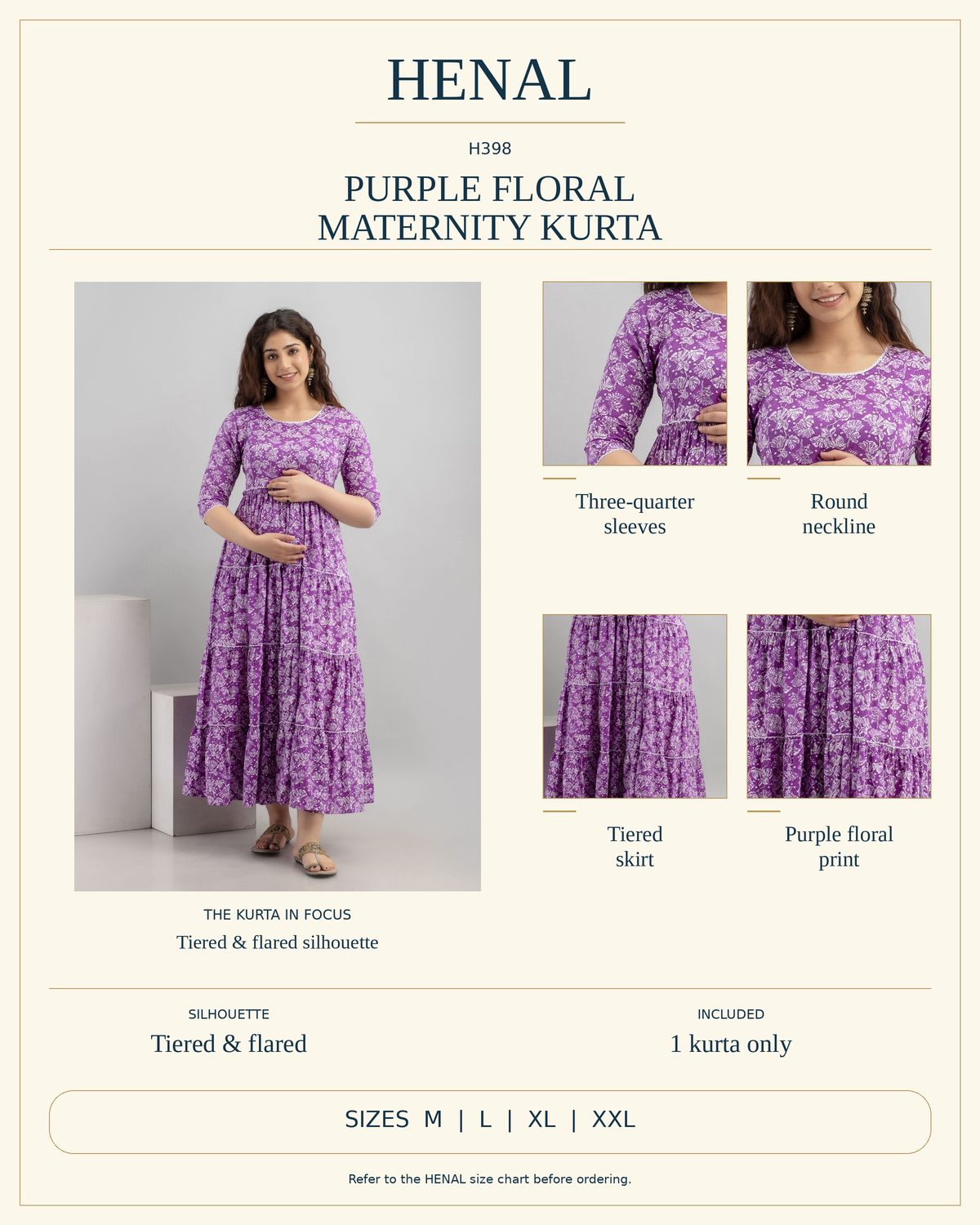 HENAL H398 product infographic showing Three-quarter sleeves, Round neckline, Tiered skirt, Purple floral print. Silhouette: Tiered & flared. Includes 1 kurta only. Size options: M, L, XL, XXL.