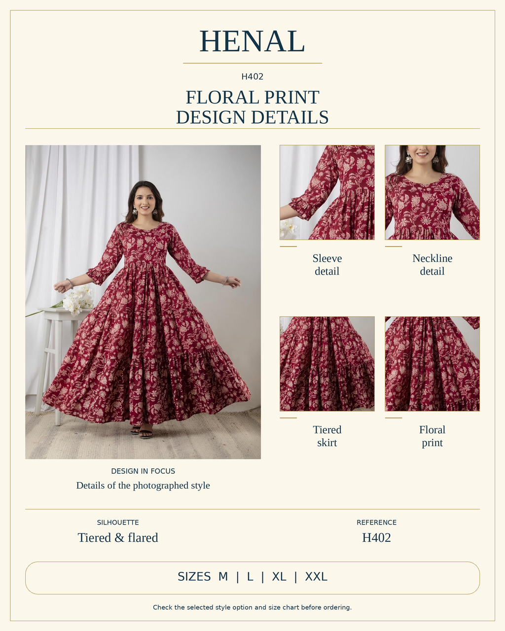 HENAL H402 product infographic showing the unchanged original garment, verified visible design and sizes M, L, XL, XXL. Select the exact available garment option on the listing.