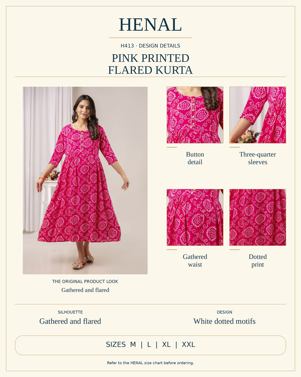 HENAL H413 product infographic using unchanged original photographs, visible garment details and the current size options M, L, XL, XXL.