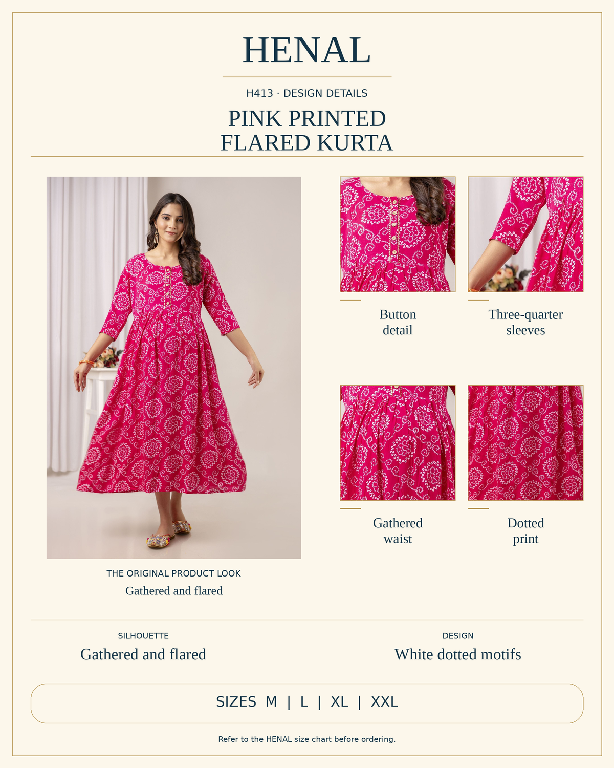 HENAL H413 product infographic using unchanged original photographs, visible garment details and the current size options M, L, XL, XXL.