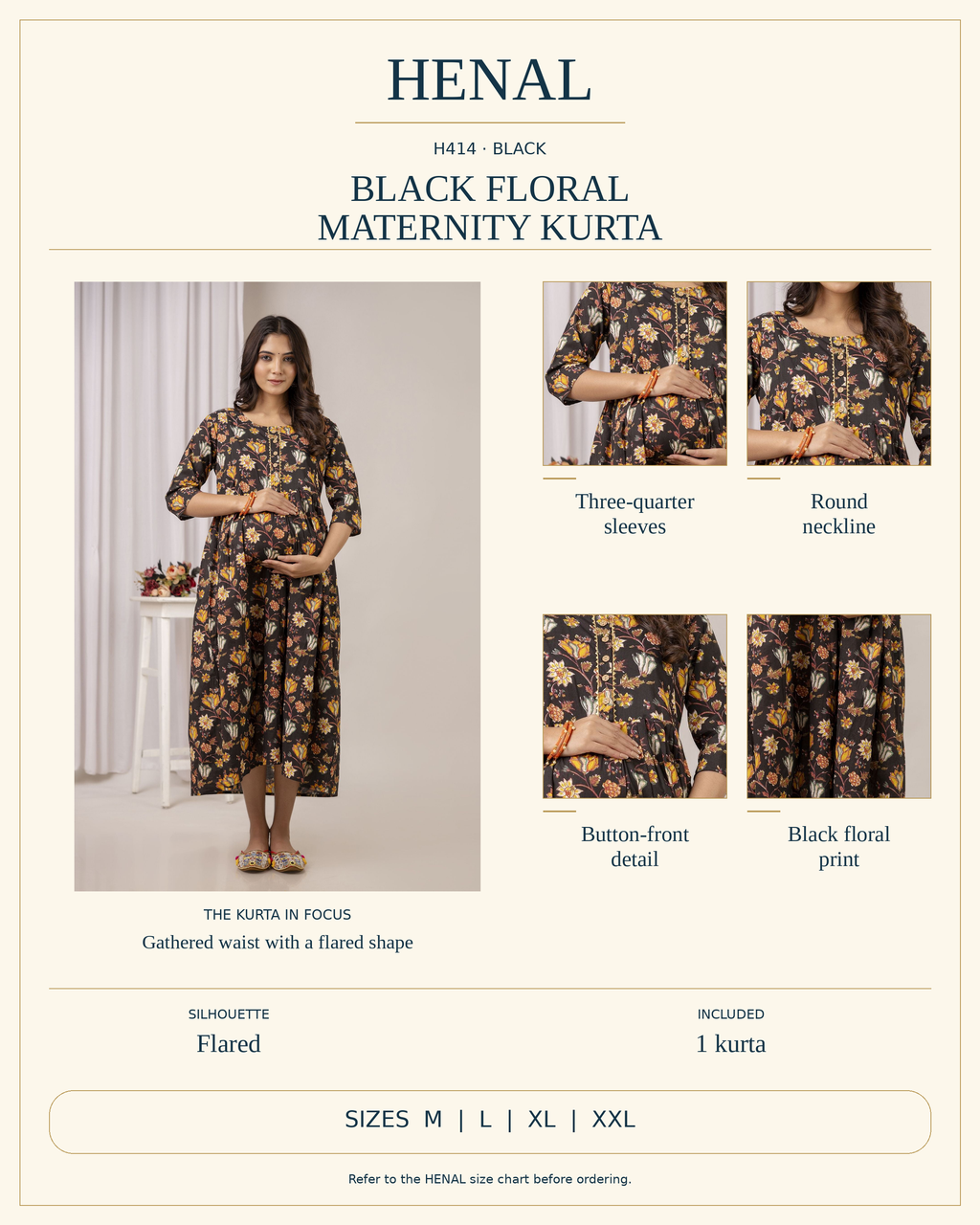 HENAL H414 product infographic showing Three-quarter sleeves, Round neckline, Button-front detail, Black floral print. Silhouette: Flared. Includes 1 kurta. Size options: M, L, XL, XXL.