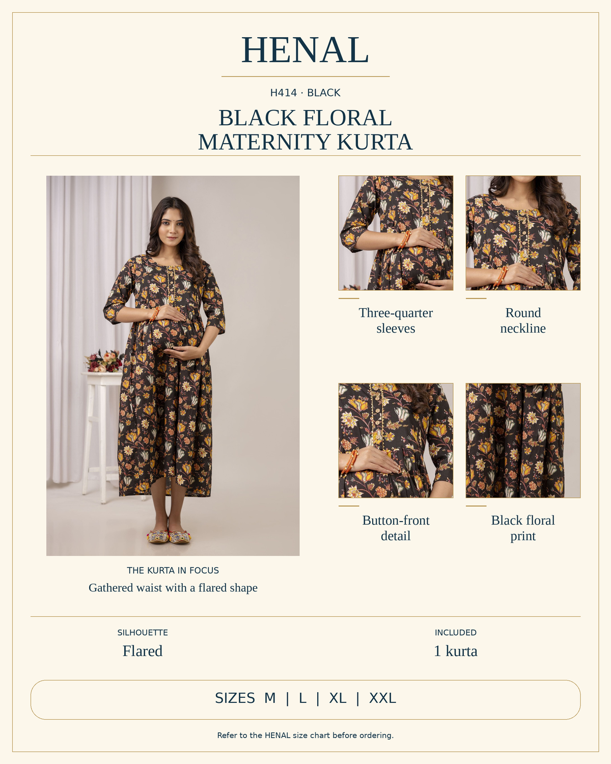 HENAL H414 product infographic showing Three-quarter sleeves, Round neckline, Button-front detail, Black floral print. Silhouette: Flared. Includes 1 kurta. Size options: M, L, XL, XXL.