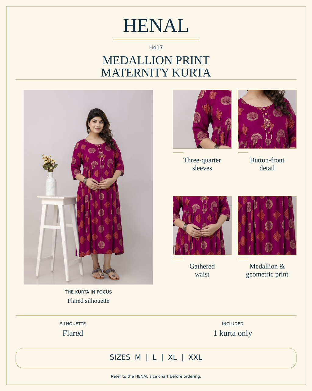 HENAL H417 reviewed product infographic using unchanged original product photographs and verified details, with size options M, L, XL, XXL.
