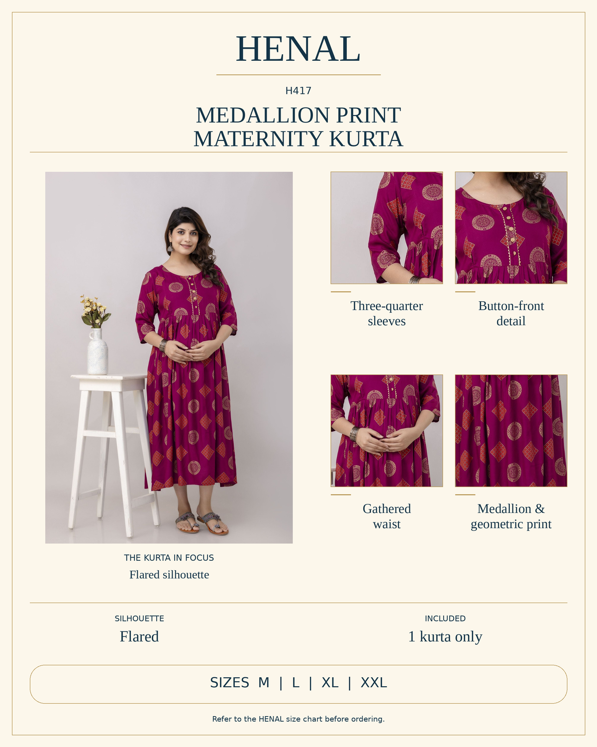 HENAL H417 reviewed product infographic using unchanged original product photographs and verified details, with size options M, L, XL, XXL.