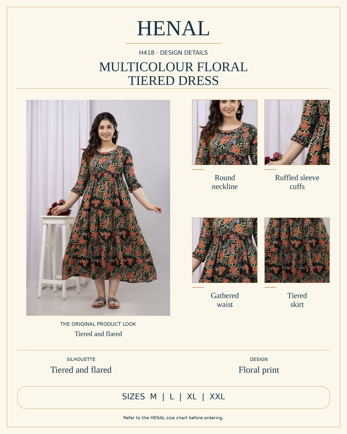 HENAL H418 reviewed product infographic using unchanged original product photographs and verified details, with size options M, L, XL, XXL.