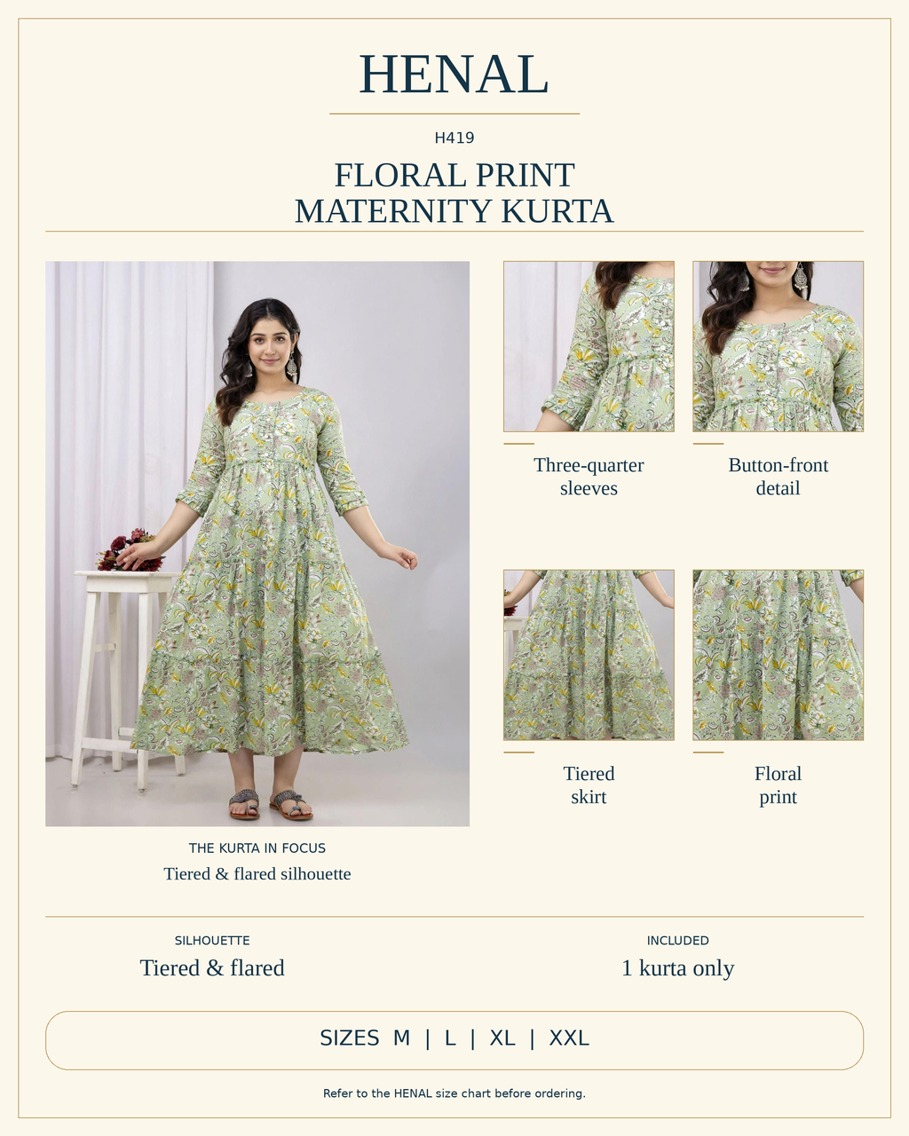 HENAL H419 product infographic showing Three-quarter sleeves, Button-front detail, Tiered skirt, Floral print. Silhouette: Tiered & flared. Includes 1 kurta only. Size options: M, L, XL, XXL.