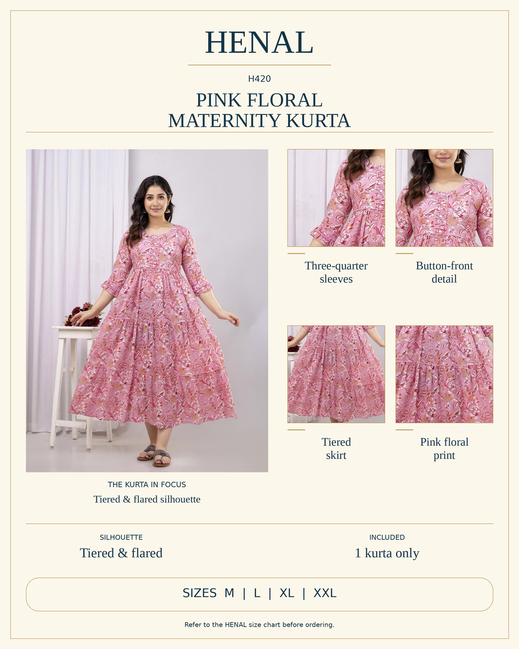 HENAL H420 product infographic showing Three-quarter sleeves, Button-front detail, Tiered skirt, Pink floral print. Silhouette: Tiered & flared. Includes 1 kurta only. Size options: M, L, XL, XXL.