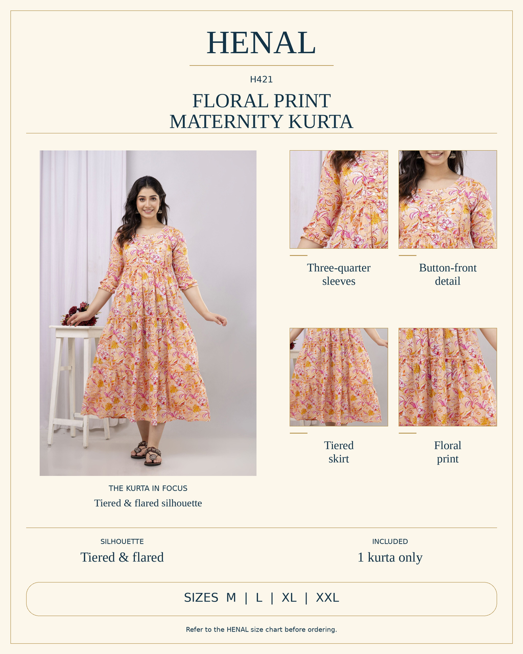 HENAL H421 product infographic showing Three-quarter sleeves, Button-front detail, Tiered skirt, Floral print. Silhouette: Tiered & flared. Includes 1 kurta only. Size options: M, L, XL, XXL.