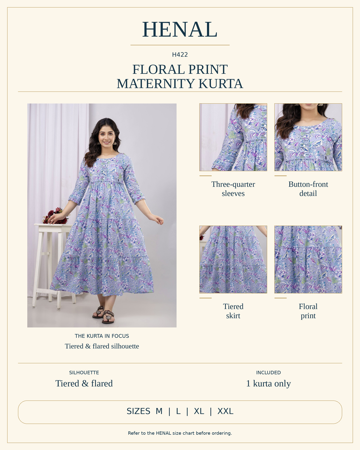 HENAL H422 product infographic showing Three-quarter sleeves, Button-front detail, Tiered skirt, Floral print. Silhouette: Tiered & flared. Includes 1 kurta only. Size options: M, L, XL, XXL.