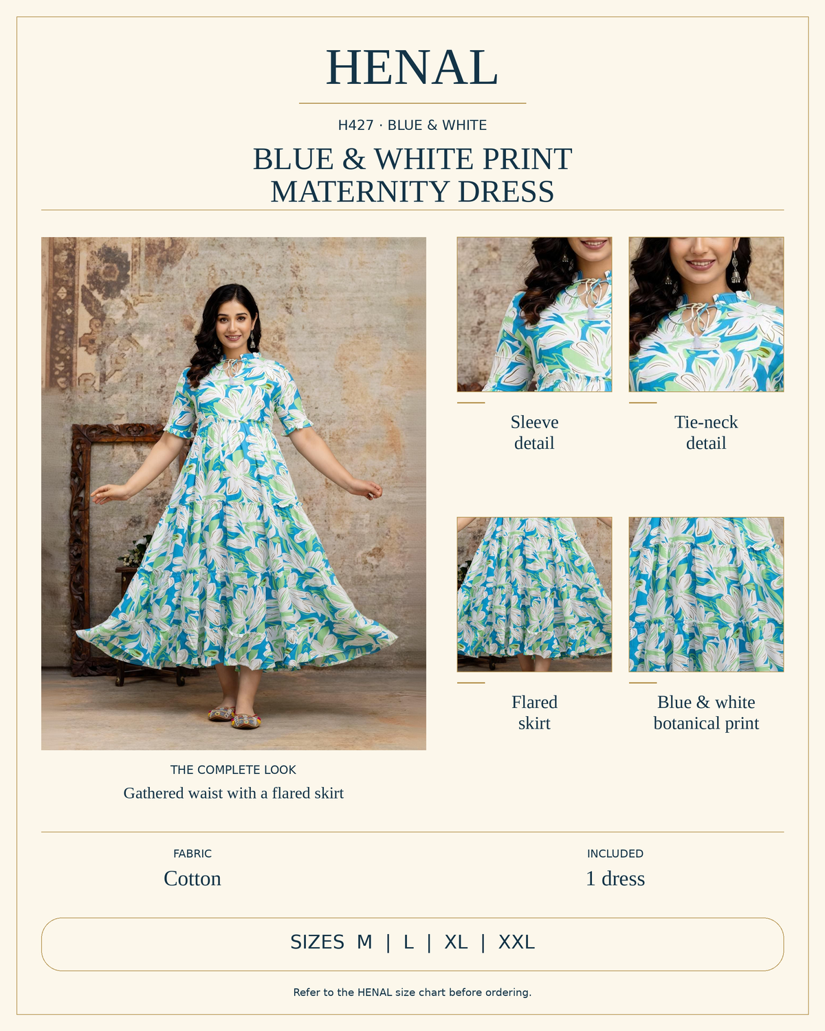 HENAL H427 product infographic with unchanged original photograph and detail crops showing Sleeve detail, Tie-neck detail, Flared skirt, Blue & white botanical print. Fabric: Cotton. Includes 1 dress. Size options: M, L, XL, XXL.