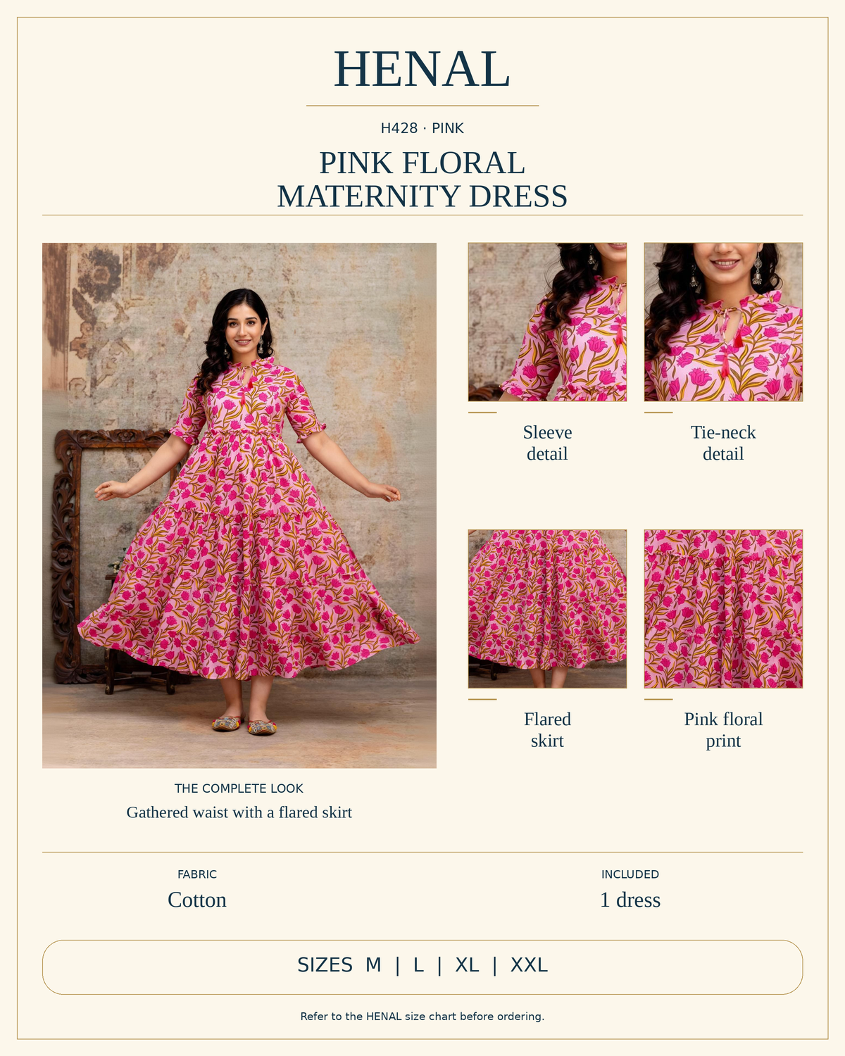 HENAL H428 product infographic with unchanged original photograph and detail crops showing Sleeve detail, Tie-neck detail, Flared skirt, Pink floral print. Fabric: Cotton. Includes 1 dress. Size options: M, L, XL, XXL.