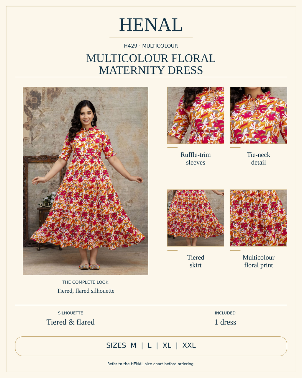 HENAL H429 product infographic showing Ruffle-trim sleeves, Tie-neck detail, Tiered skirt, Multicolour floral print. Silhouette: Tiered & flared. Includes 1 dress. Size options: M, L, XL, XXL.