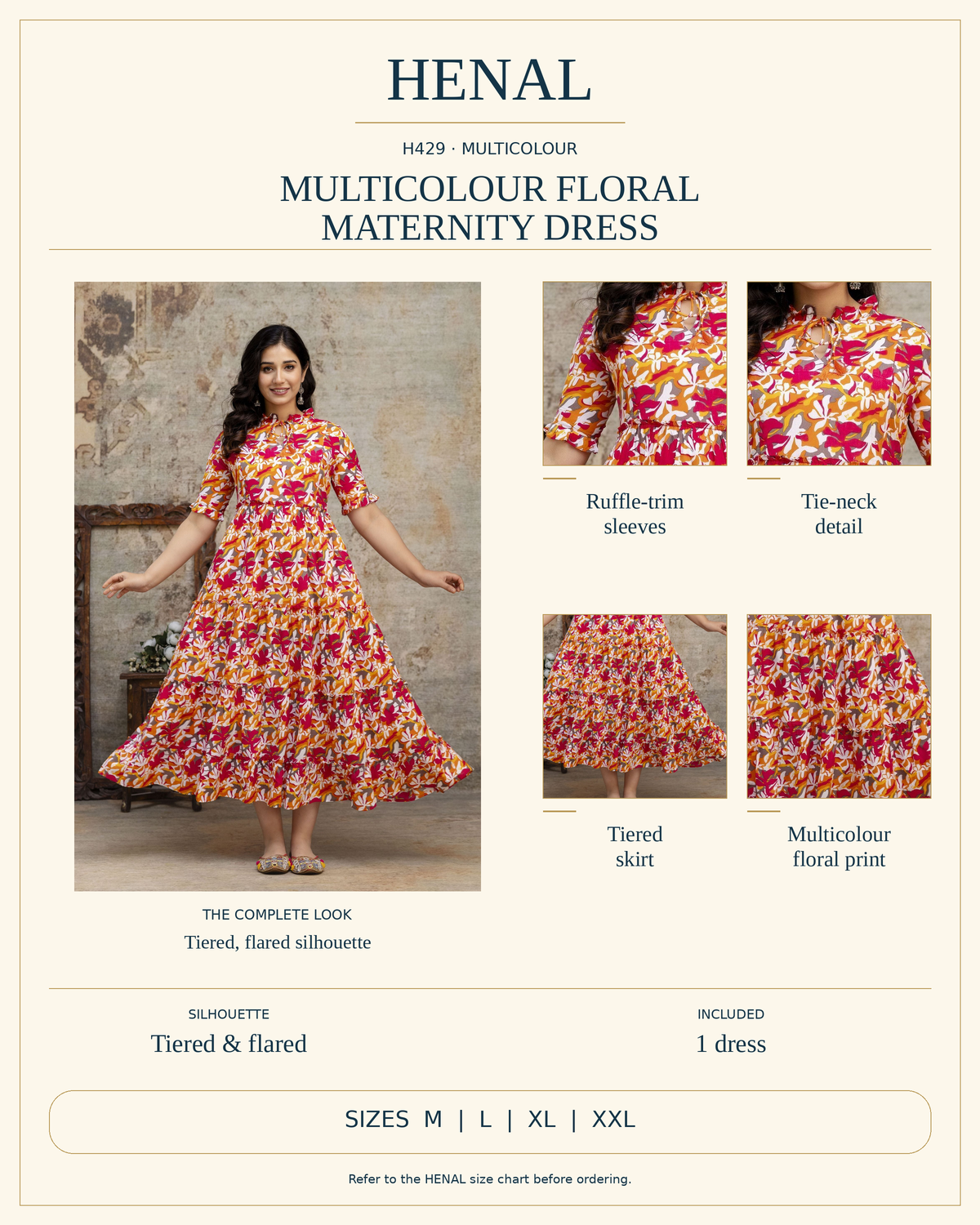 HENAL H429 product infographic showing Ruffle-trim sleeves, Tie-neck detail, Tiered skirt, Multicolour floral print. Silhouette: Tiered & flared. Includes 1 dress. Size options: M, L, XL, XXL.
