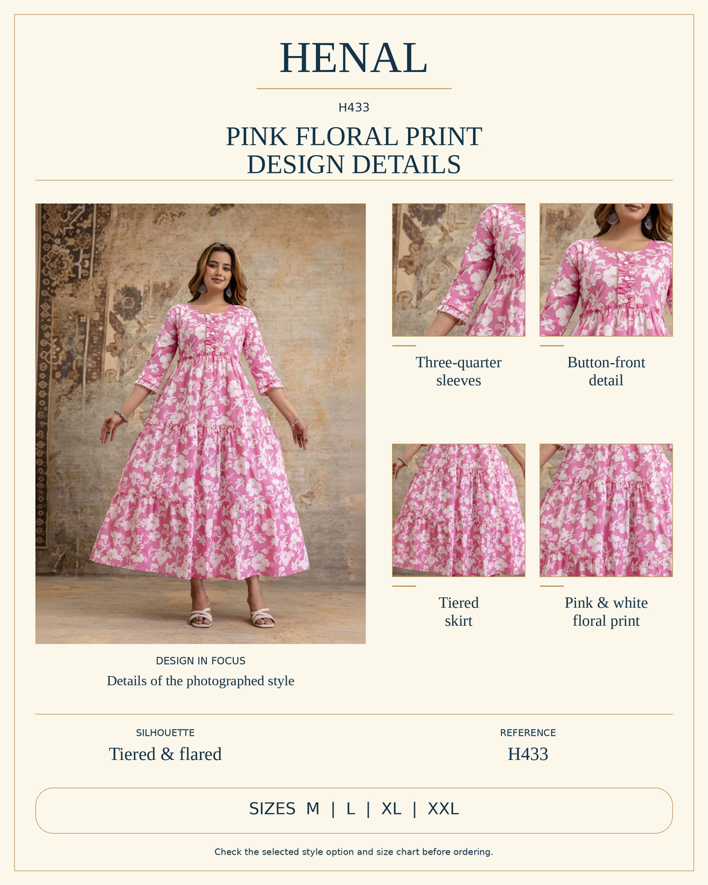 HENAL H433 product infographic showing the unchanged original garment, verified visible design and sizes M, L, XL, XXL. Select the exact available garment option on the listing.