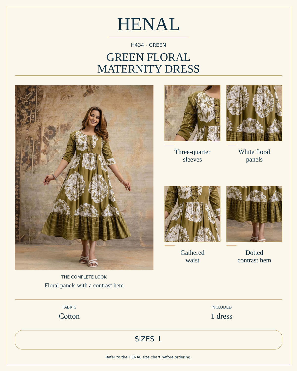 HENAL H434 product infographic with unchanged original photograph and detail crops showing Three-quarter sleeves, White floral panels, Gathered waist, Dotted contrast hem. Fabric: Cotton. Includes 1 dress. Size options: L.