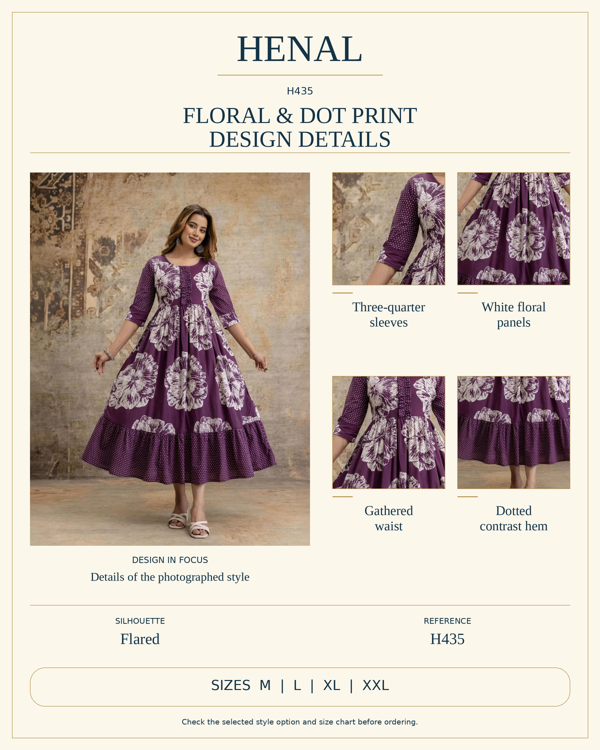 HENAL H435 infographic showing the original garment's visible design details and listed size options. Select the exact garment option on the product page.