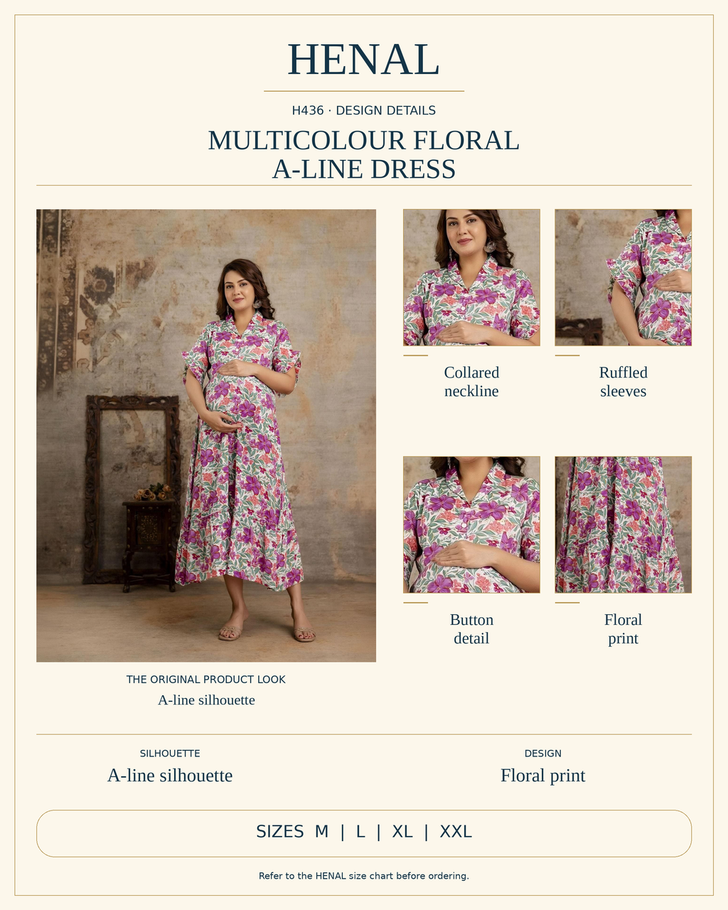 HENAL H436 product infographic using unchanged original photographs, visible garment details and the current size options M, L, XL, XXL.