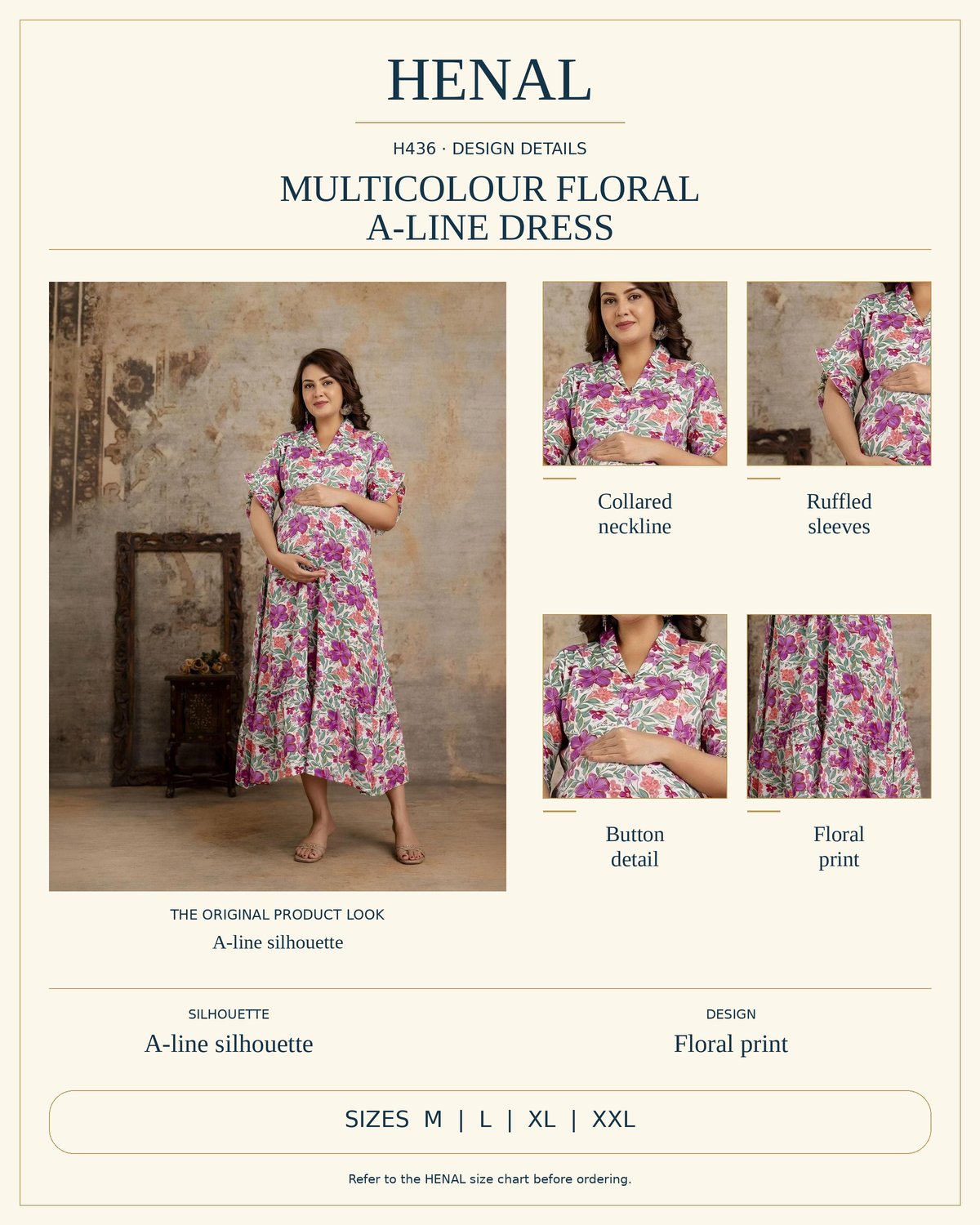 HENAL H436 product infographic using unchanged original photographs, visible garment details and the current size options M, L, XL, XXL.