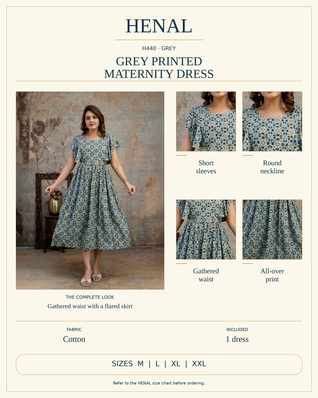 HENAL H440 product infographic with unchanged original photograph and detail crops showing Short sleeves, Round neckline, Gathered waist, All-over print. Fabric: Cotton. Includes 1 dress. Size options: M, L, XL, XXL.