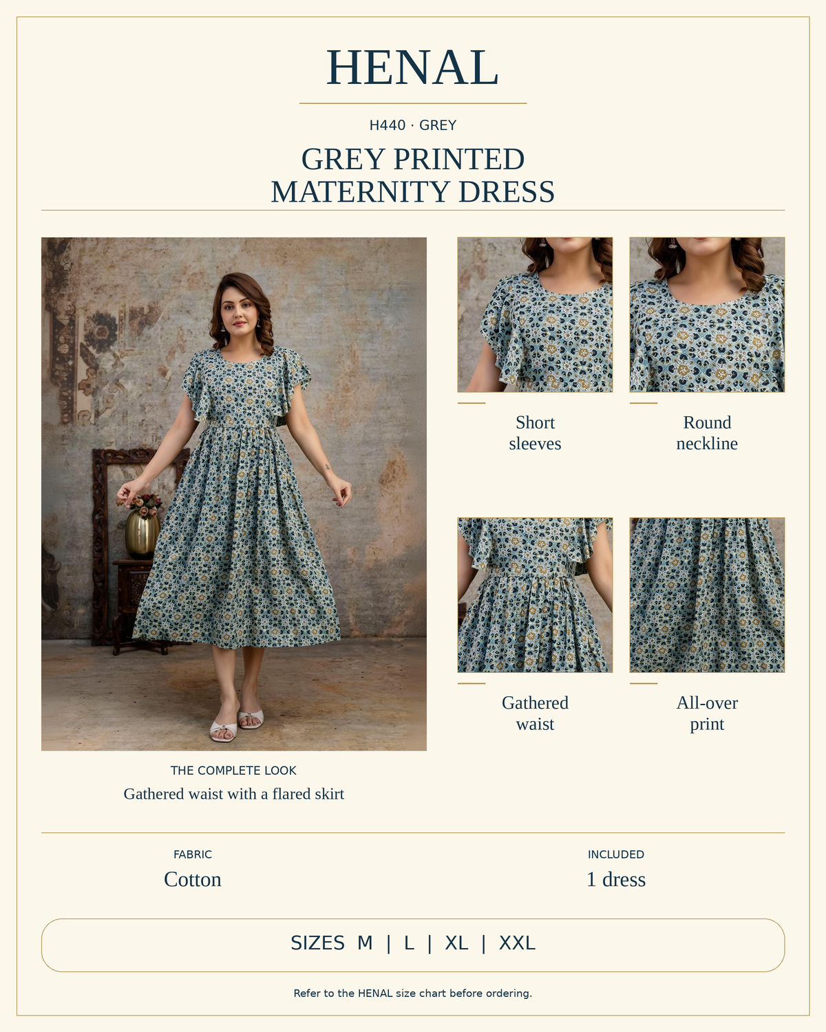 HENAL H440 product infographic with unchanged original photograph and detail crops showing Short sleeves, Round neckline, Gathered waist, All-over print. Fabric: Cotton. Includes 1 dress. Size options: M, L, XL, XXL.