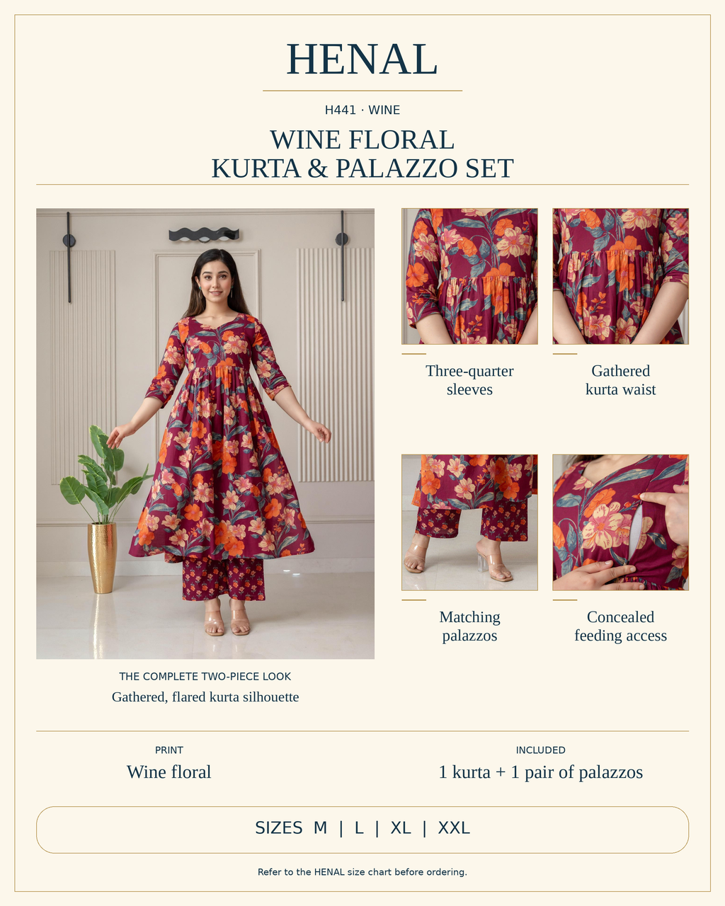 HENAL H441 kurta and palazzo set product infographic using original photographs and verified garment details; one kurta and one pair of matching palazzos, sizes M, L, XL and XXL.