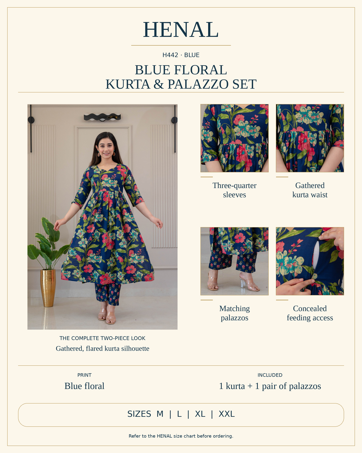HENAL H442 kurta and palazzo set product infographic using original photographs and verified garment details; one kurta and one pair of matching palazzos, sizes M, L, XL and XXL.